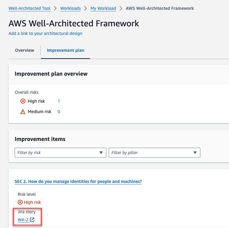 [Image of Jira story link in improvement plan section in WA tool]