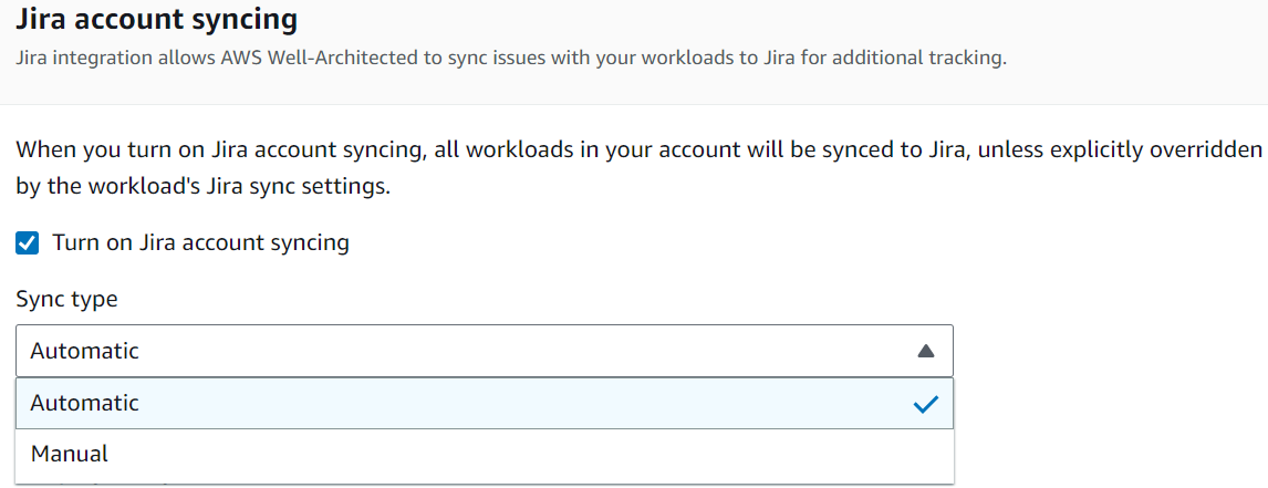 [Image of the Jira account syncing selected and the sync type option Automatic vs Manual displayed]