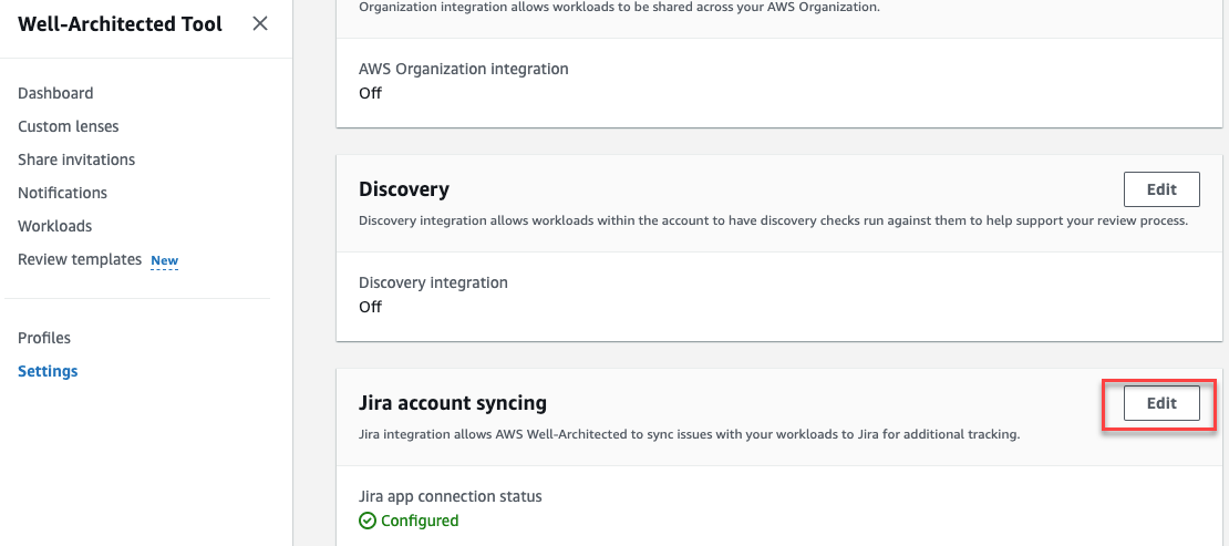 [Image of Well-Architected tool setting, with the edit button in “Jira account syncing” section highlighted]