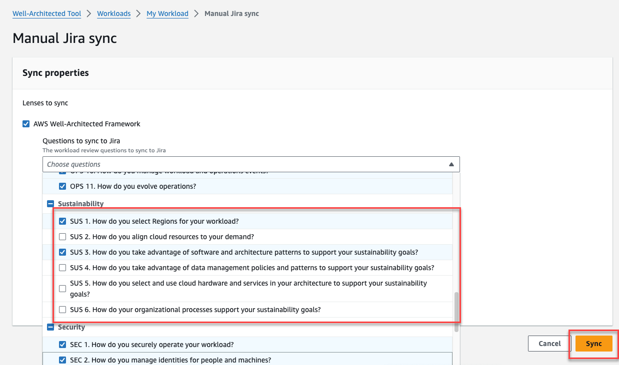 [Image of questions to that can be selected for manual sync highlighted, and the sync button highlighted.]