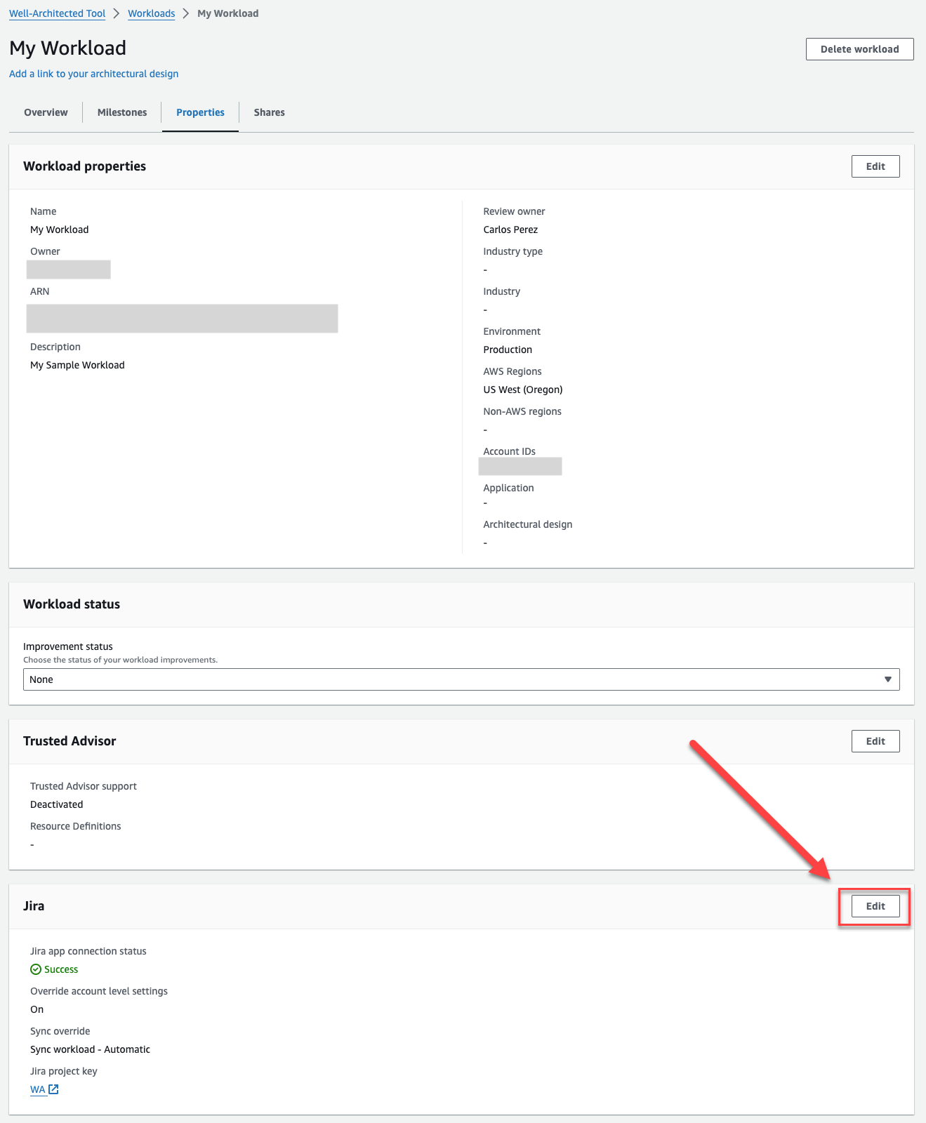 [Image of the edit button under Workload properties to override Jira sync and project key option]