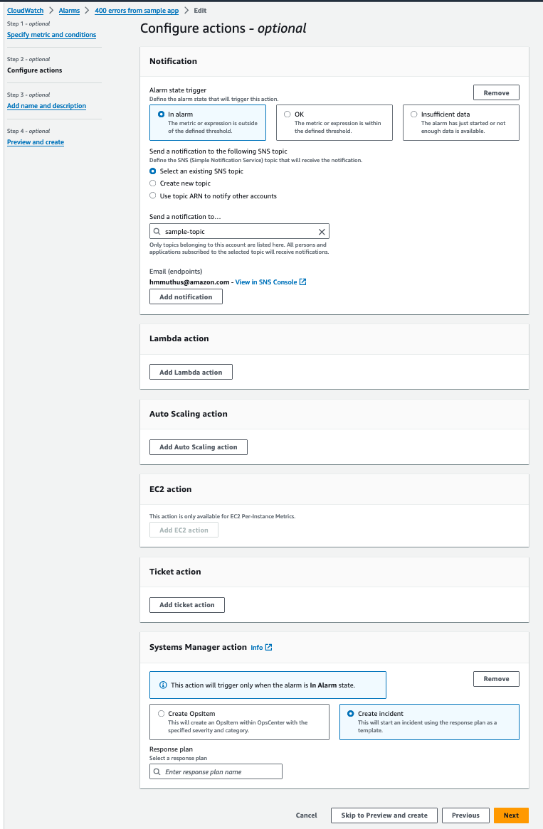 CloudWatch alarm configurations for 400 errors