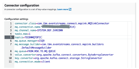 IBM MQ and Kafka topic configuration for the sink connector for our environment