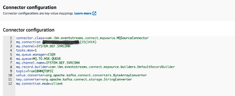 IBM MQ configuration values of our environment and Kafka topic that we have configured