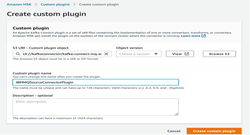Figure 6 shows the AWS console screen for creating the MQ Source Connector plugin in Amazon MSK