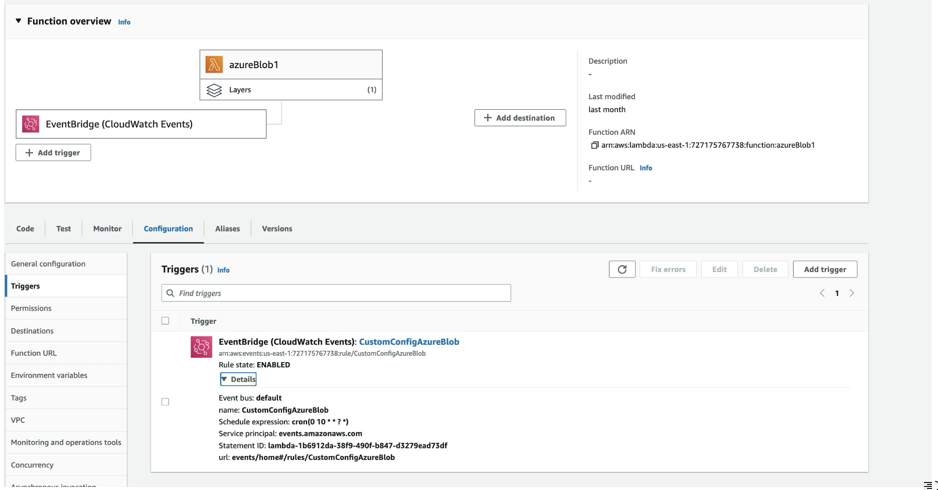 Figure shows Amazon EventBridge periodic trigger configuration in AWS Lambda function
