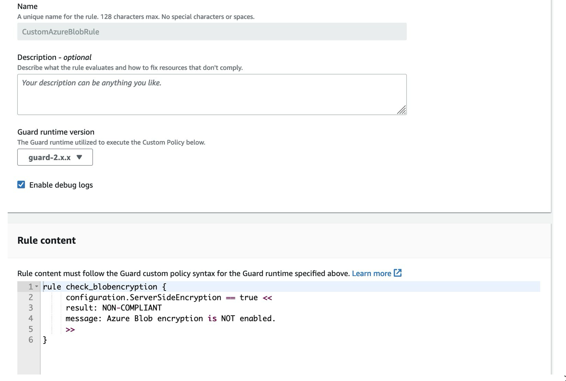Figure shows configuration of compliance rule in CloudFormation Guard