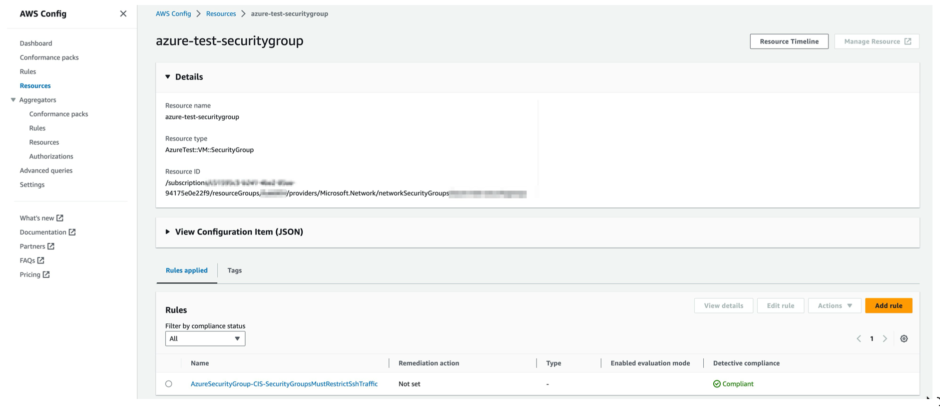 Figure shows configuration data for Azure Network Security Group in AWS Config console resource view