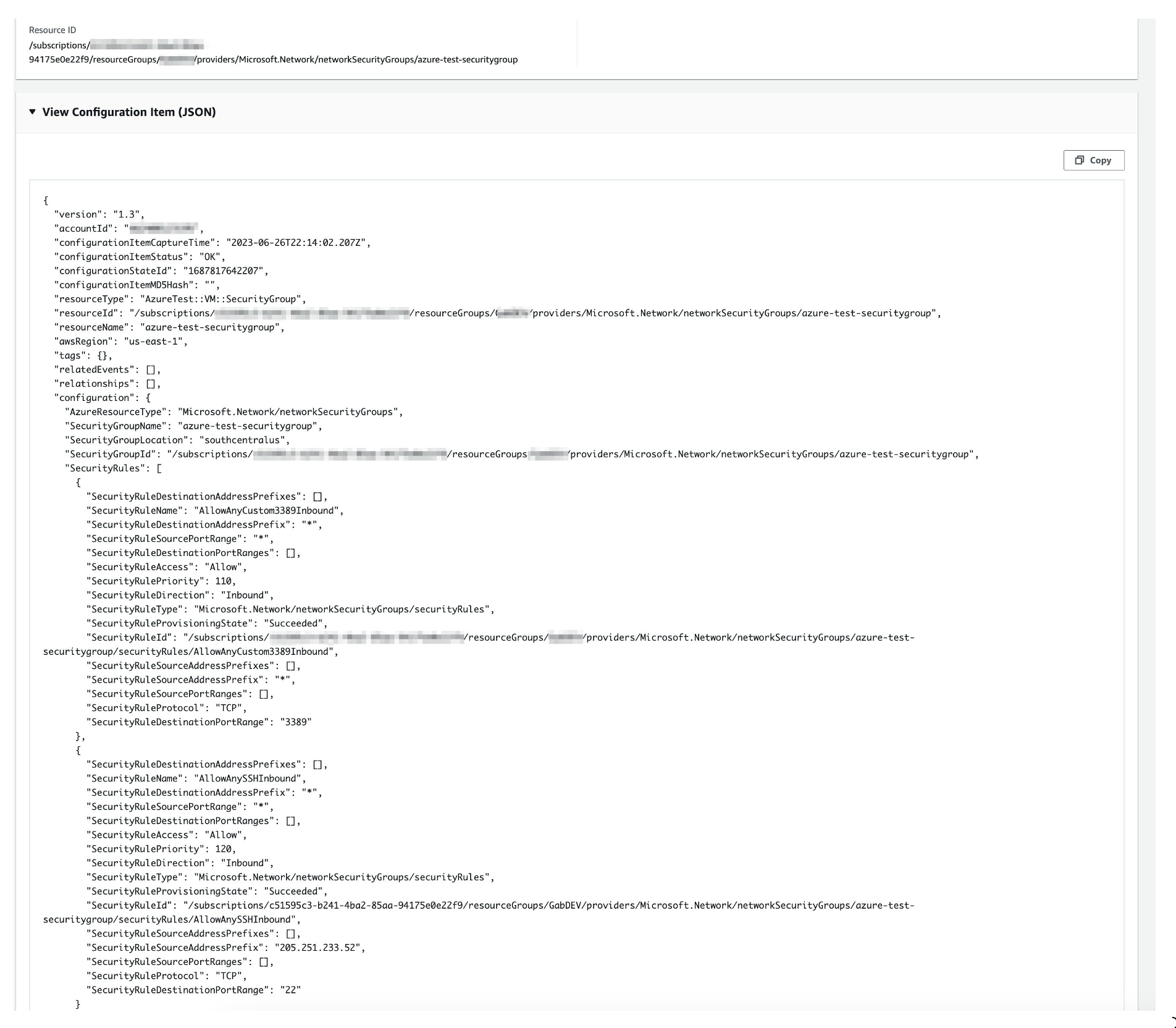 Figure shows AWS Config configuration item for Azure Network Security Group