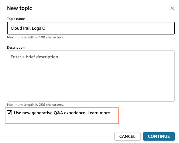Page showing how to create a new topic and select generative Q&A experience