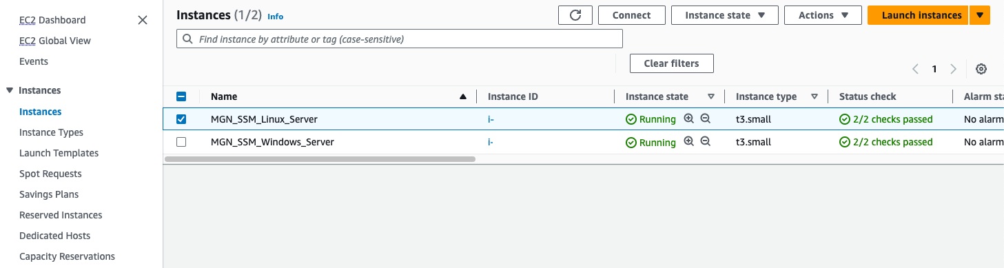 View of MGN console showing two migrated servers