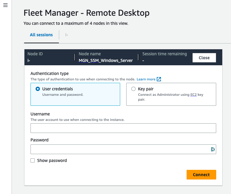 Entering Session Manager Remote Desktop credentials