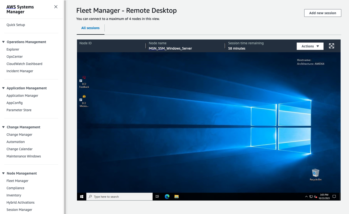 Successful connection to a Windows instance using Session Manager Remote Desktop