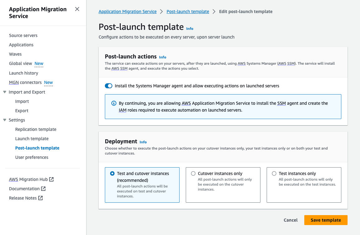 Enabling SSM agent installation for test and cutover instances