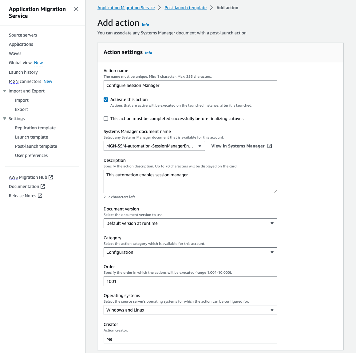 Configuring settings for the custom Post-launch action