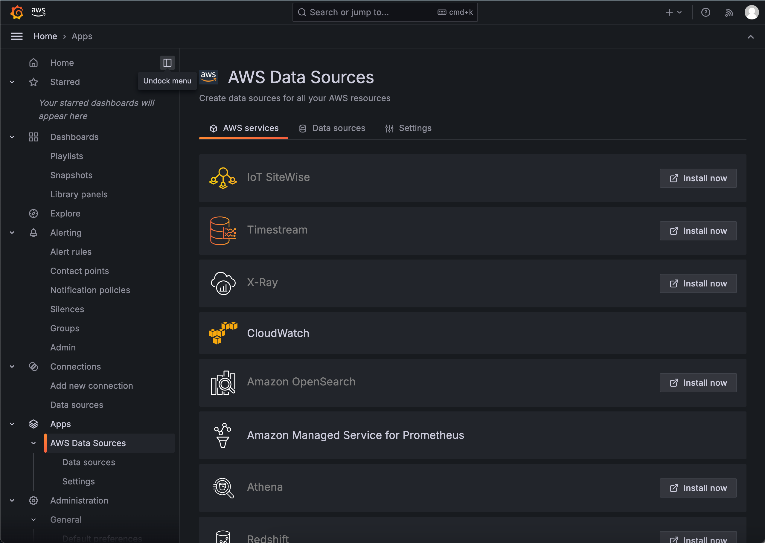 Figure 2 - Configuring AWS Data Sources in the navigation menu