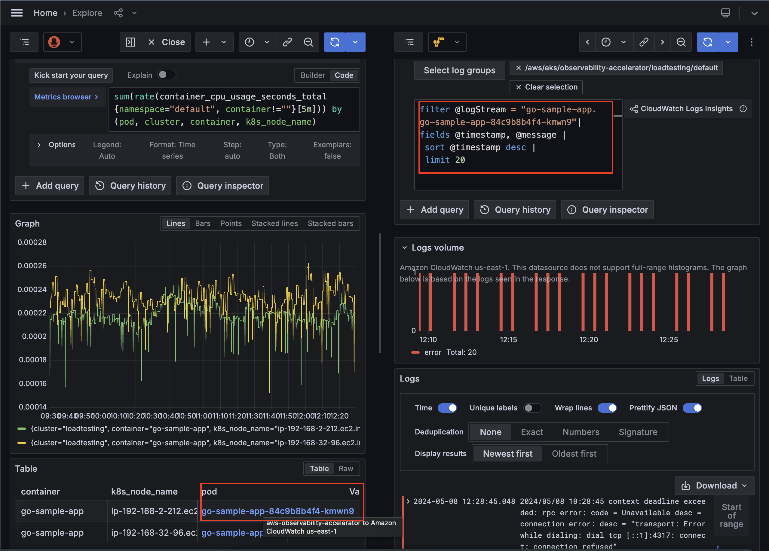 Figure 6 - Clicking on a particular pod column displays associated logs