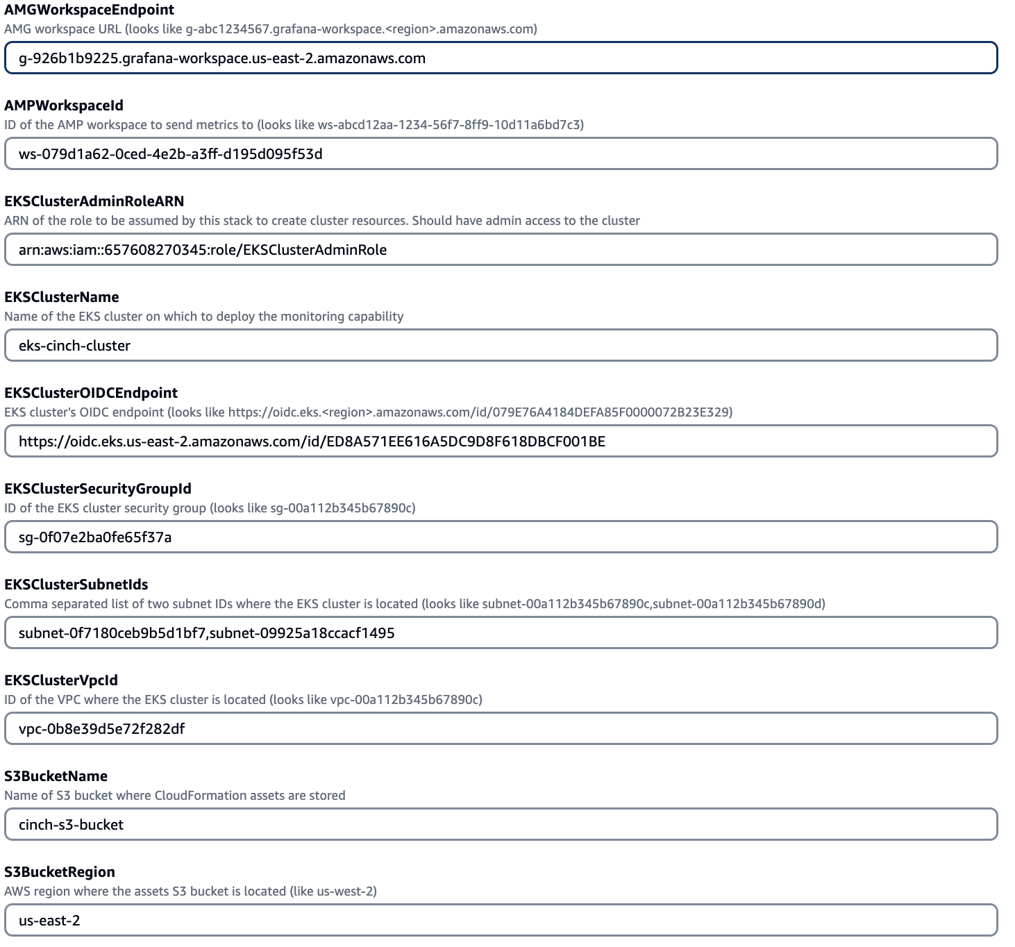 Fig 3. CloudFormation screen showing sample values