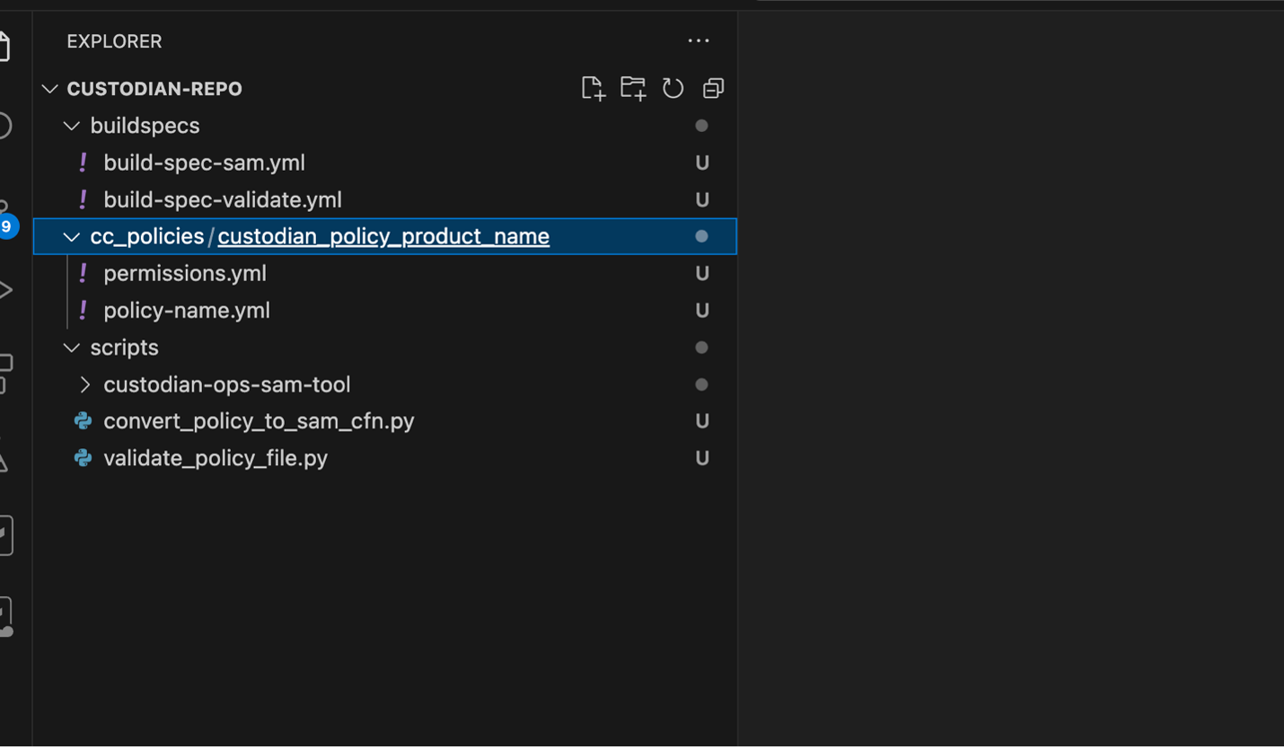Figure show the file structure once CodeCommit files from the provided GitHub repository are added to the custodian CodeCommit repository locally