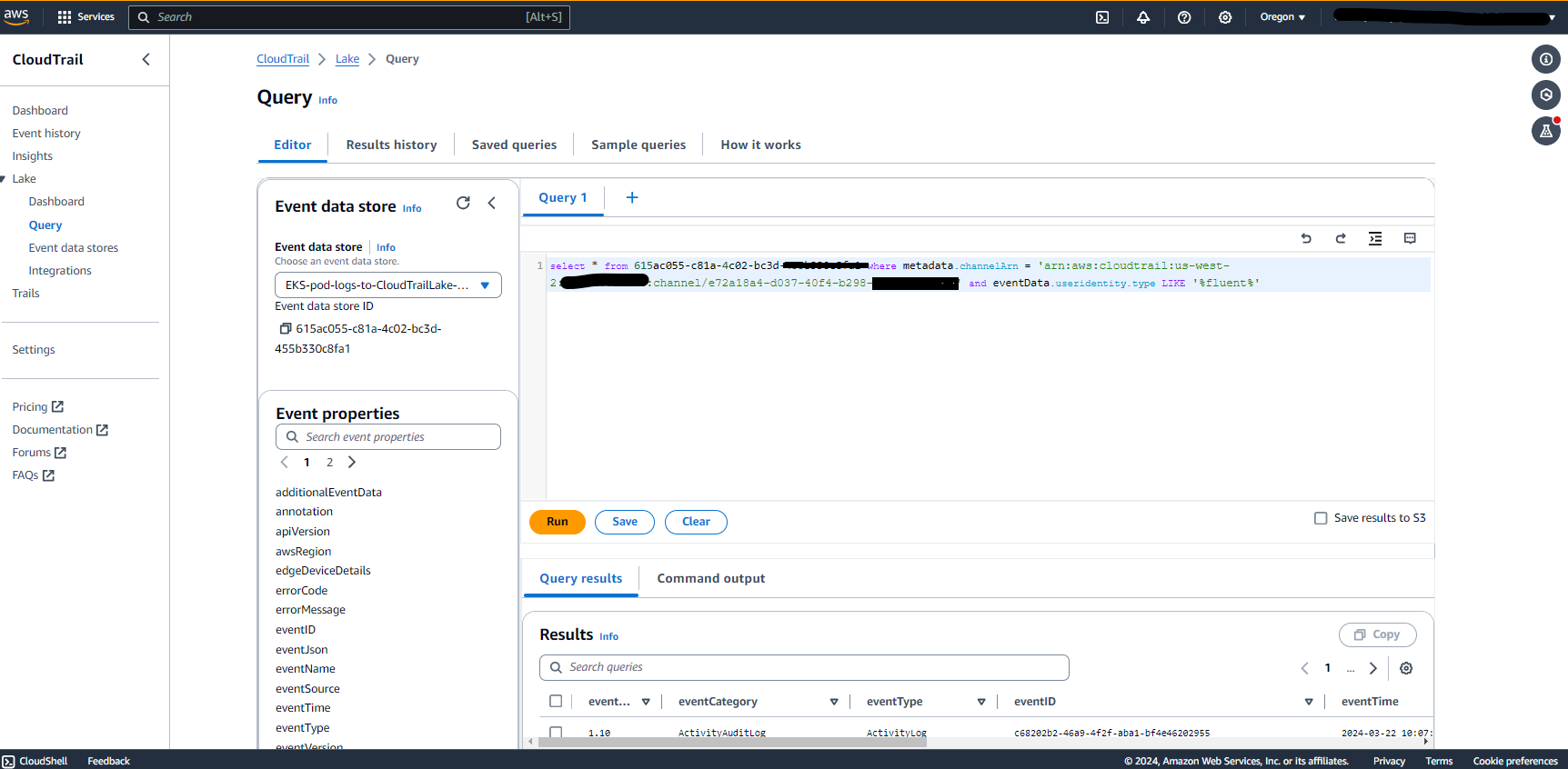 AWS Console CloudTrail Lake Query page with sample query.