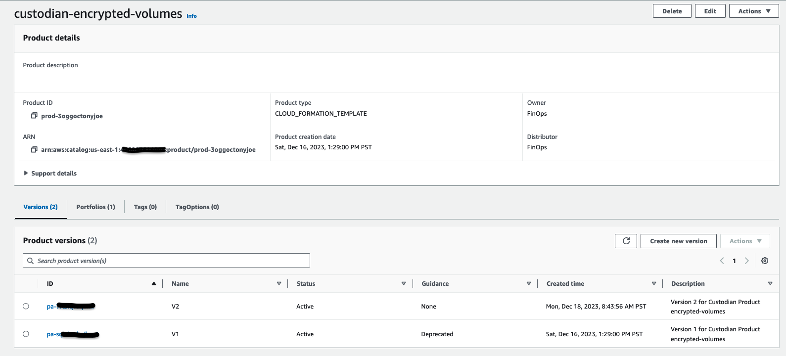 Figure shows the Service Catalog product version update of the custodian policy