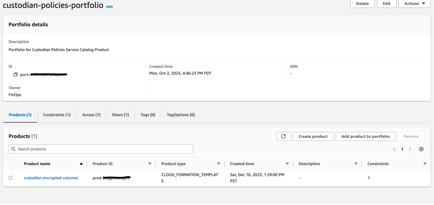 Figure shows the Service Catalog Product creation of the custodian policy