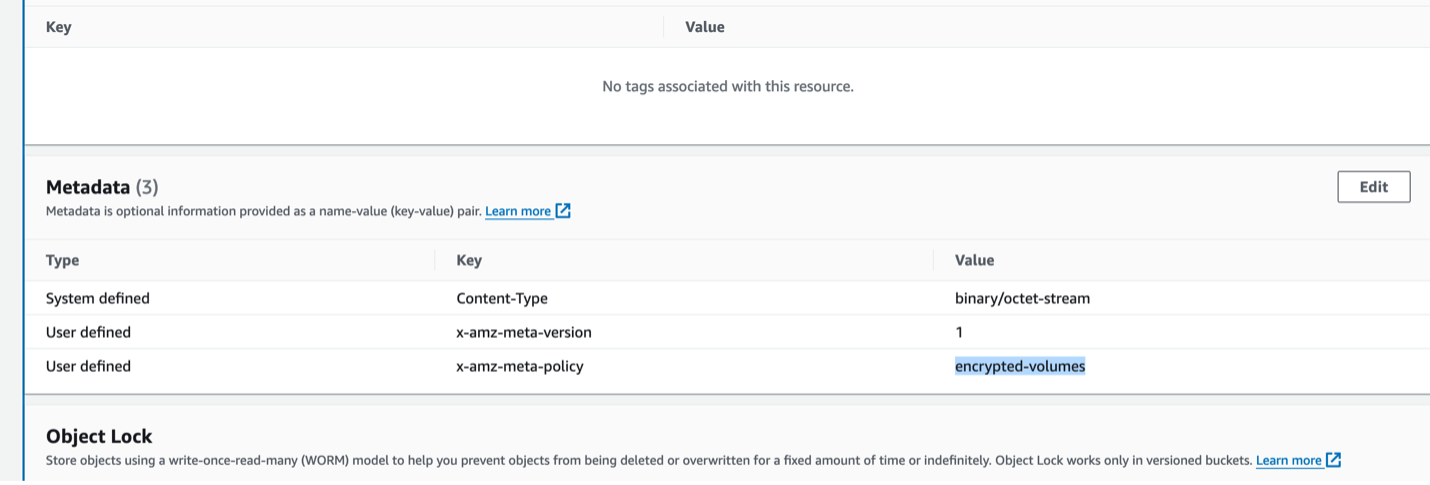 Figure shows the S3 Object metadata version of the custodian policy that is provisioned as Service Catalog Product
