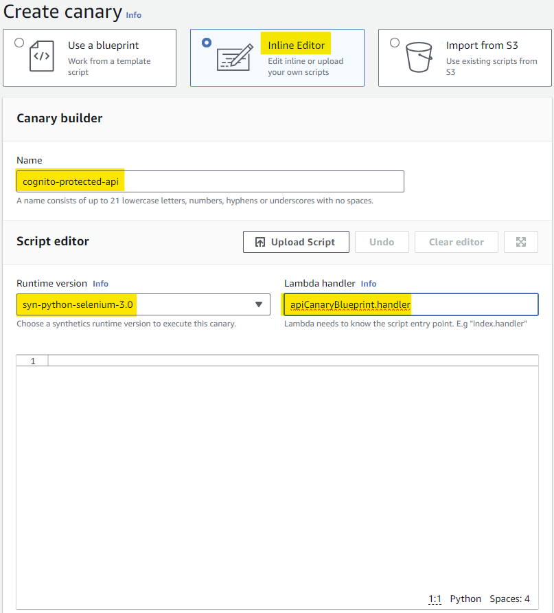 CloudWatch Synthetics Create Canary