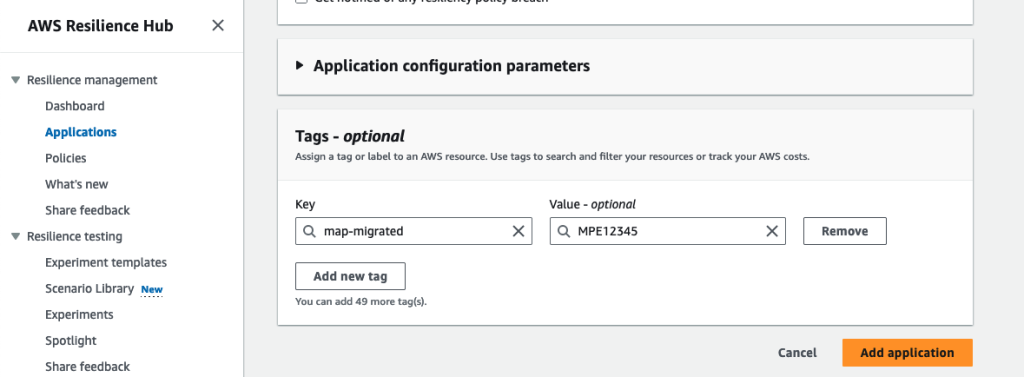 Screenshot of tagging a Resilience Hub application, using the required key/value combination for MAP customers