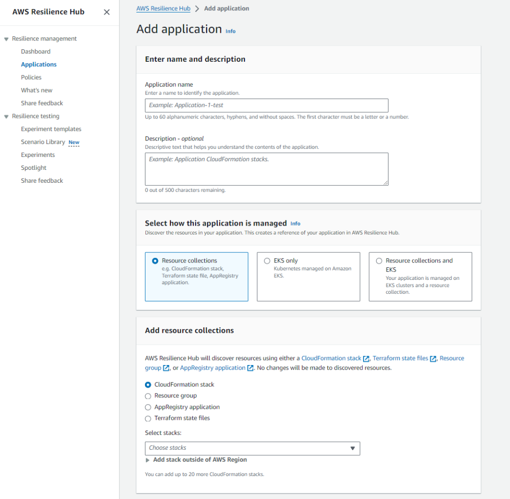 Screenshot of adding a new application to Resilience Hub