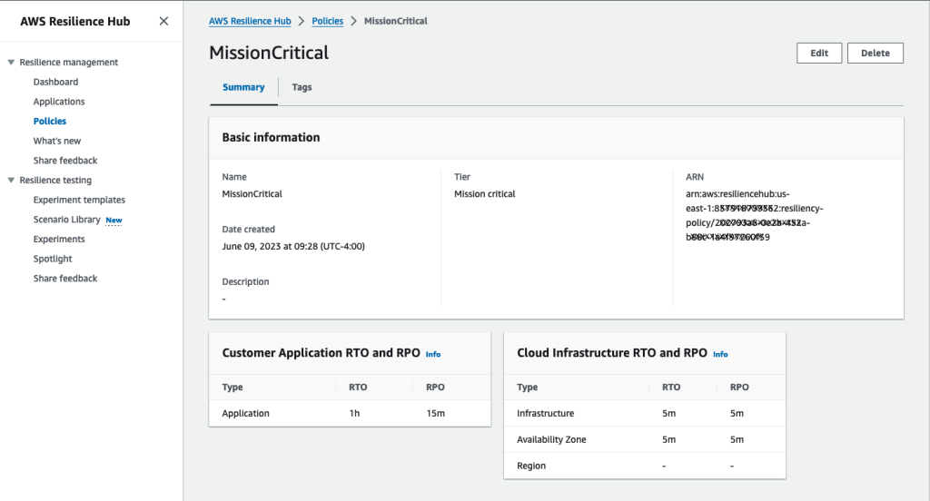 Screenshot of Resilience Hub Policy - sample for Mission critical policy with application 1h RTO and 15m RPO