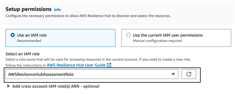 Resilience Hub Permissions Menu using IAM Role Option