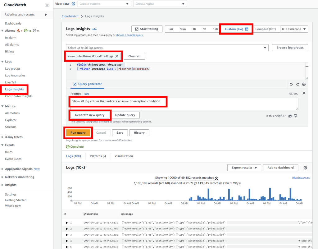 Use CloudWatch Log Insights to view instances of log errors and exceptions