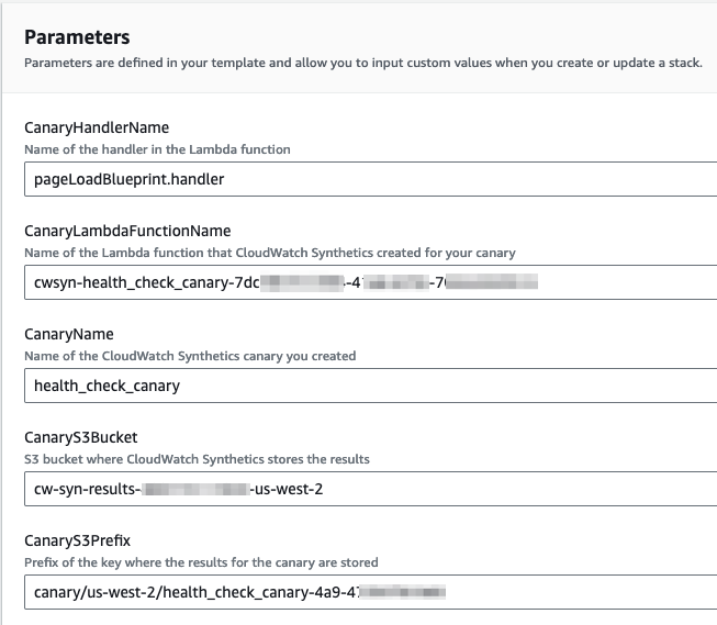 Screenshot of the CloudFormation template’s parameter section with example values