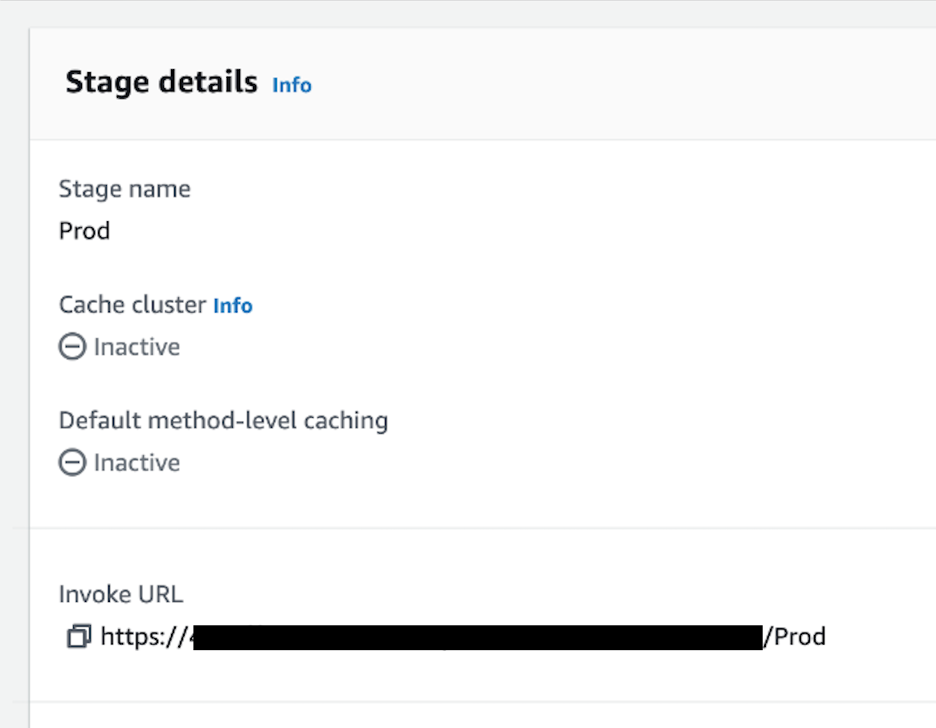 The image shows the "Stage details" for the 'Prod' stage in AWS API Gateway, indicating that both the cache cluster and default method-level caching are inactive, along with the invoke URL for accessing the API.