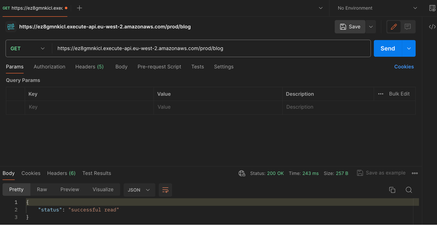 The image shows a GET request being sent to the endpoint of an API in AWS API Gateway using Postman, with the response body displaying a JSON object indicating a successful read: {"status": "successful read"}.