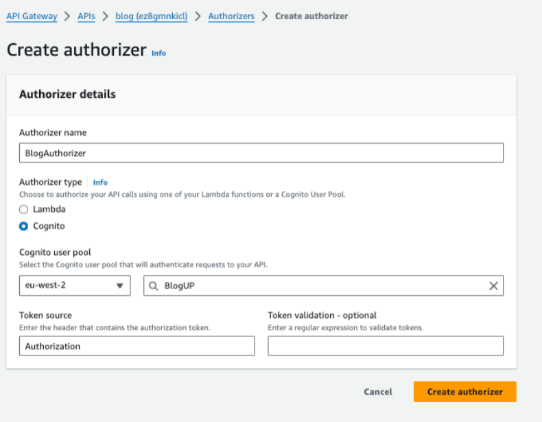 The image shows the "Create authorizer" screen in AWS API Gateway, where you configure the authorizer details such as name, type (Lambda or Cognito), Cognito user pool, token source, and optional token validation for the selected API.
