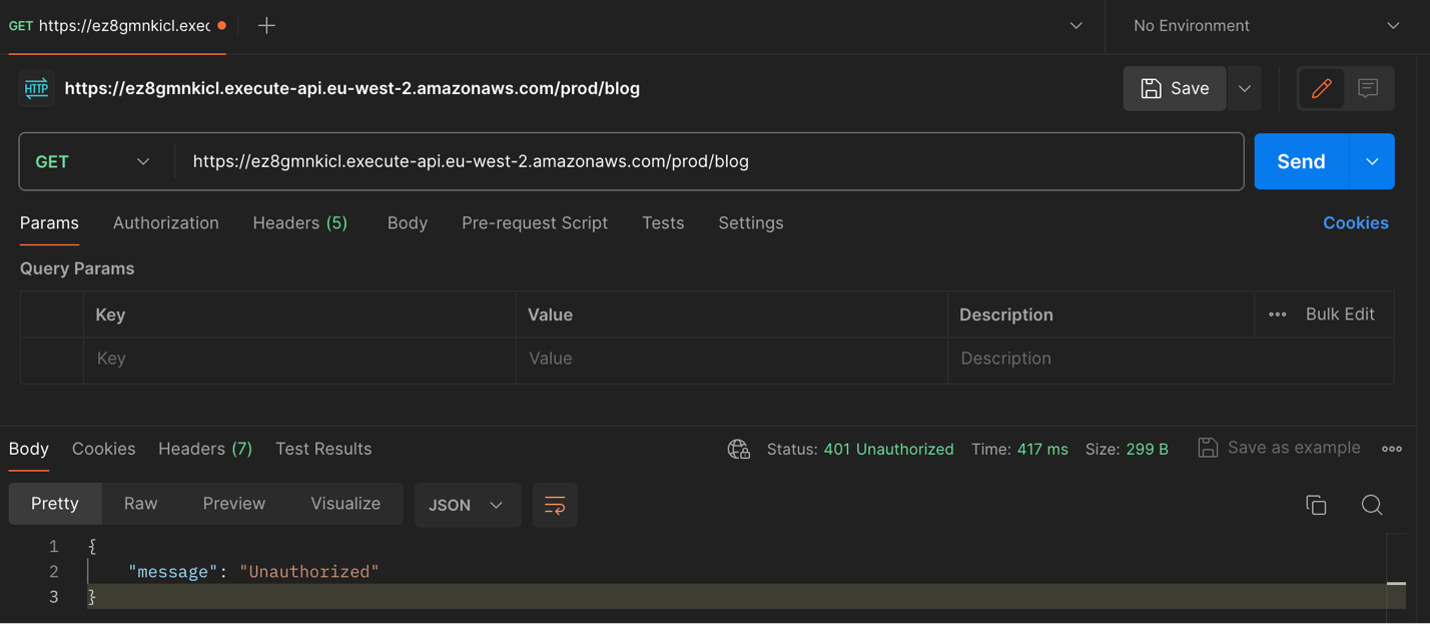The image shows a GET request being sent to the endpoint of an API in AWS API Gateway using Postman, with the response body displaying a JSON object indicating an unauthorized access error: {"message": "Unauthorized"}.