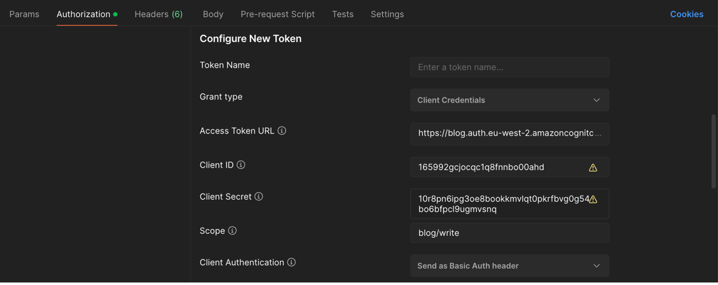 The image shows the "Configure New Token" screen in Postman, where you set up an OAuth 2.0 token with the grant type set to Client Credentials, and fields for Access Token URL, Client ID, Client Secret, and Scope are filled in.