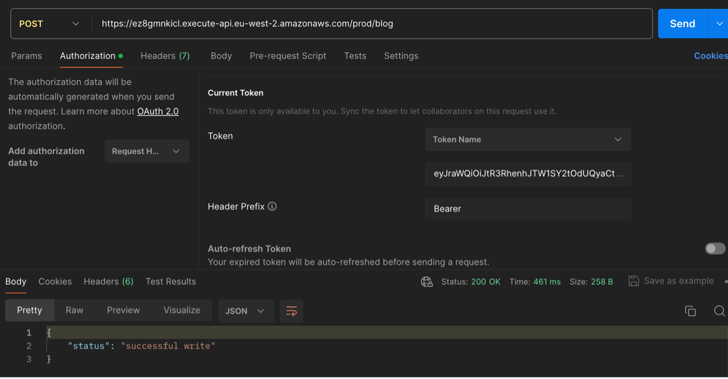 The image shows a POST request being sent to the endpoint of an API in AWS API Gateway using Postman, with the Authorization tab displaying a bearer token, and the response body displaying a JSON object indicating a successful write: {"status": "successful write"}.
