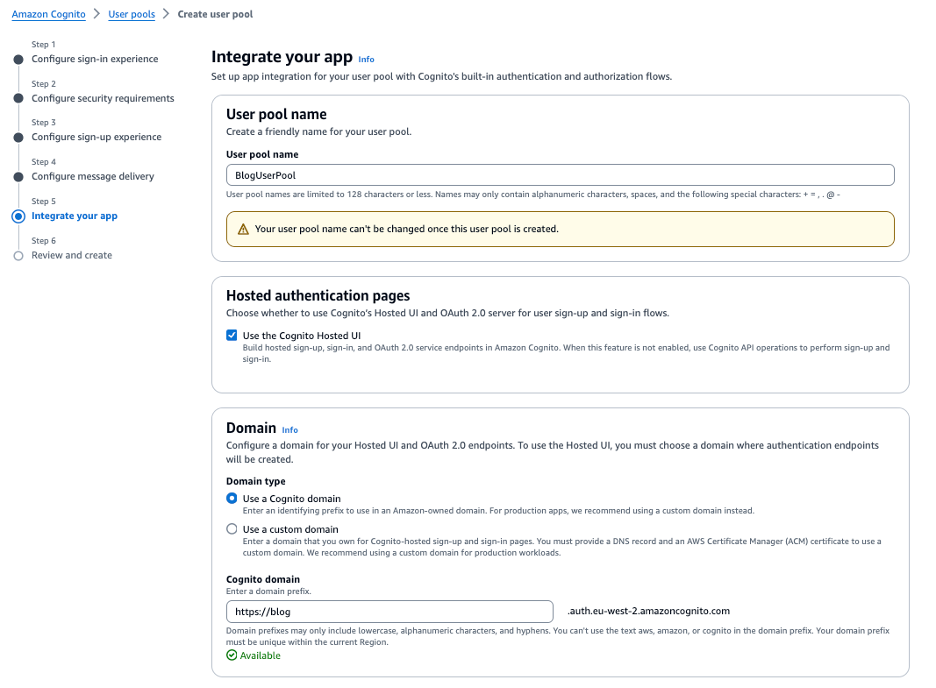 The image depicts the "Integrate your app" step in the Amazon Cognito user pool setup, where you configure user pool name, hosted authentication pages, and domain settings.