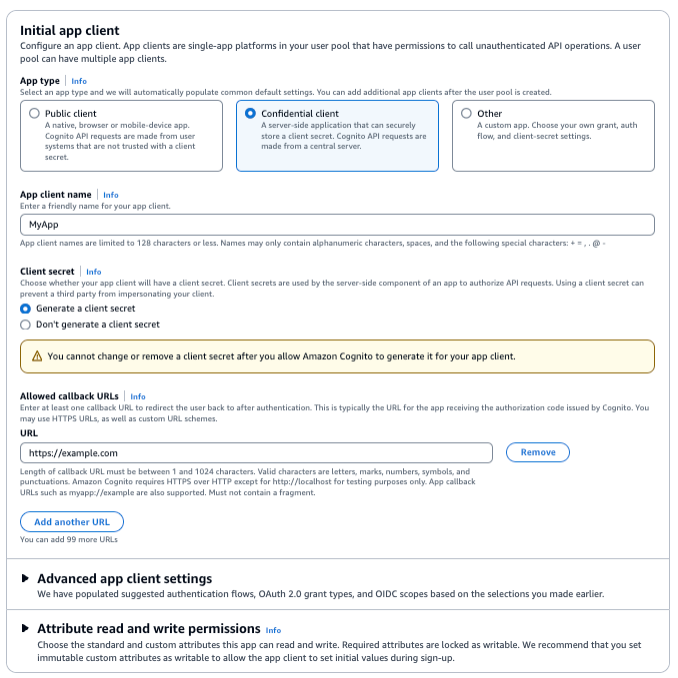 The image displays the "Initial app client" configuration step in Amazon Cognito, where you set up app type, client name, secret, allowed callback URLs, and advanced settings.
