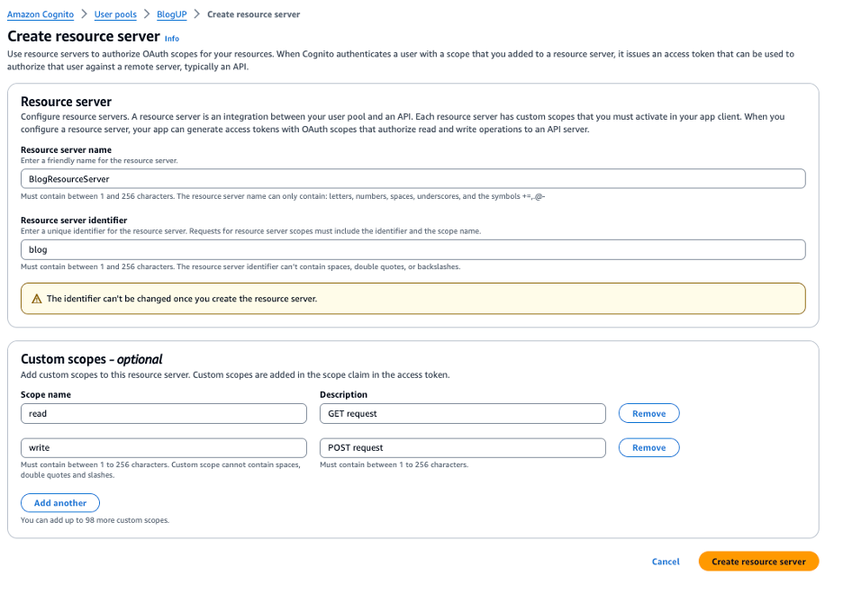 The image shows the "Create resource server" step in Amazon Cognito, where you configure the resource server name, identifier, and custom scopes for OAuth authorization.