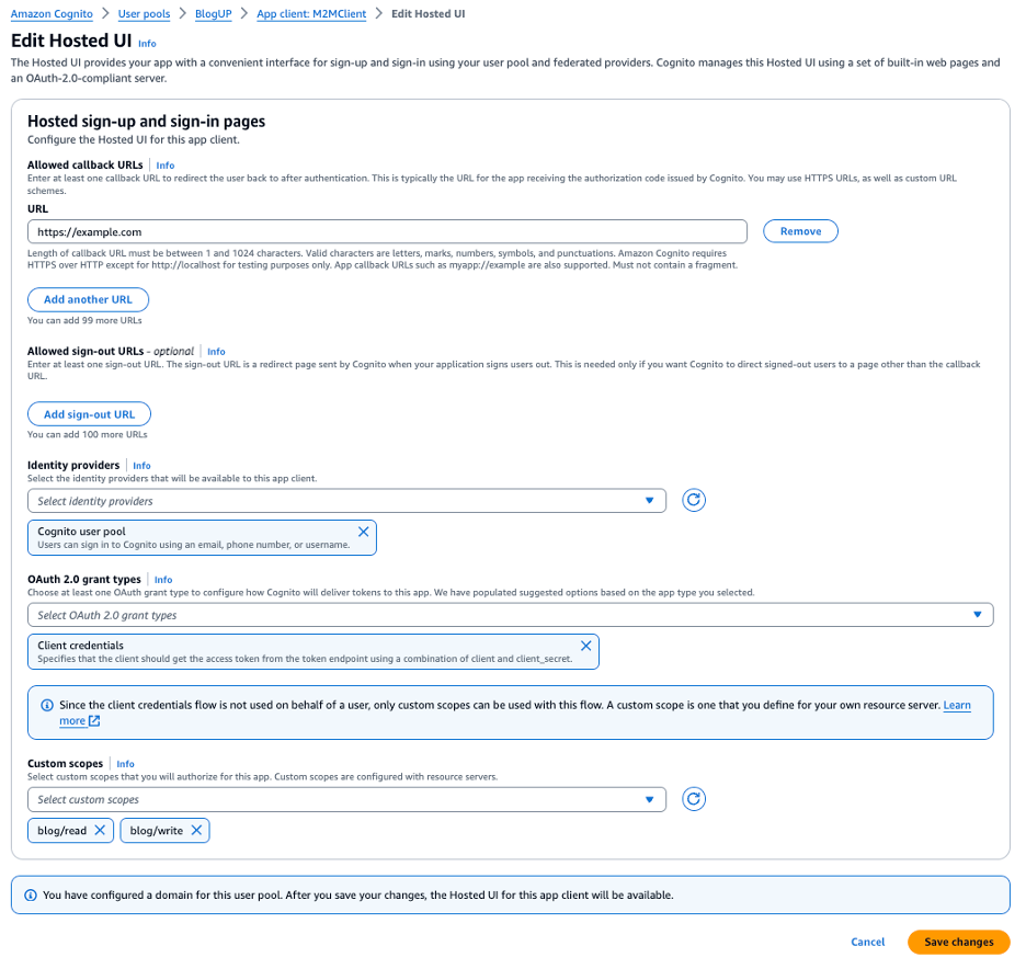 The image displays the "Edit Hosted UI" step in Amazon Cognito, where you configure allowed callback URLs, sign-out URLs, identity providers, OAuth 2.0 grant types, and custom scopes for the hosted sign-up and sign-in pages.