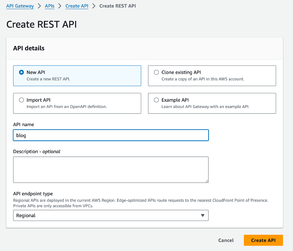 The image shows the "Create REST API" screen in AWS API Gateway, where you can create a new API, clone an existing API, import an API, or use an example API, and specify the API name, description, and endpoint type.