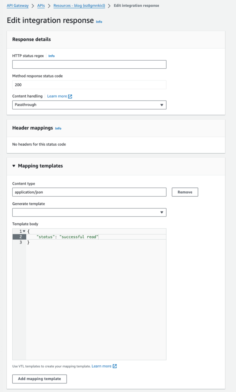 The image shows the "Edit integration response" screen in AWS API Gateway, where you can configure the response details, header mappings, and mapping templates, including specifying HTTP status regex, method response status code, content handling, and the JSON response body.