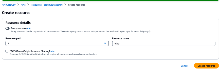 The image shows the "Create resource" screen in AWS API Gateway, where you specify the resource path and name, with options to enable proxy resource and CORS (Cross-Origin Resource Sharing).