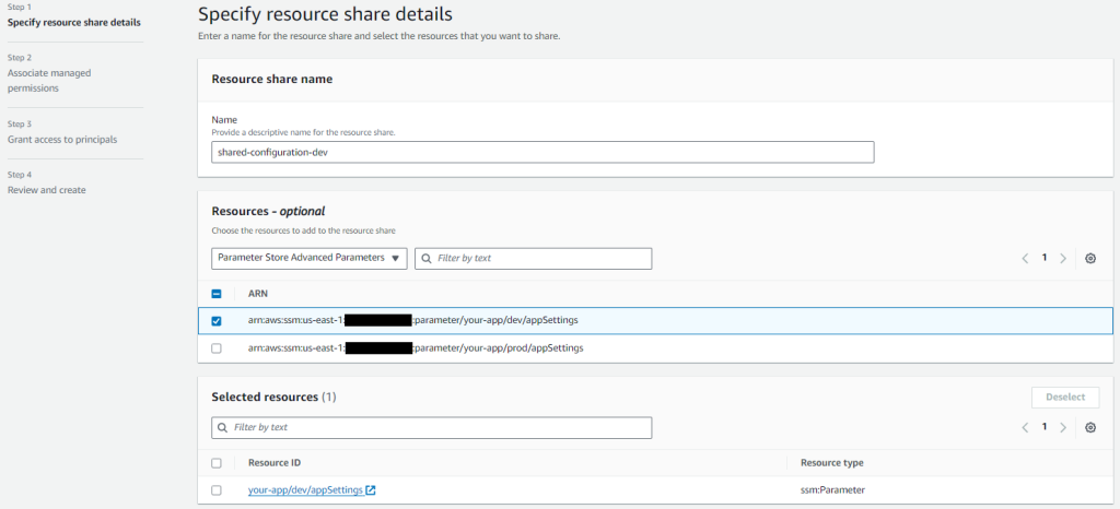 Fig 3: Section specifying the parameter to be shared with the DEV account