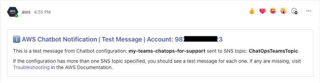 A sample default Chatbot message or notification showing successful integration.