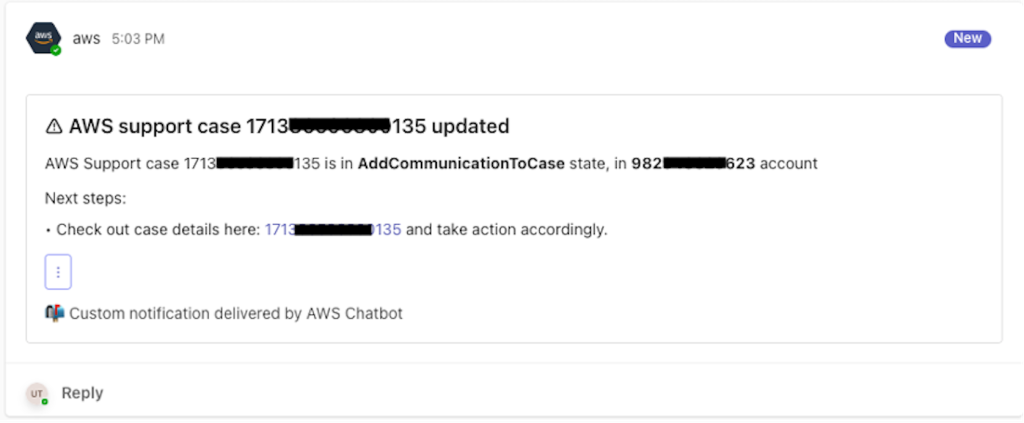 Snapshot showing custom message / notification received upon an update to AWS Support case.